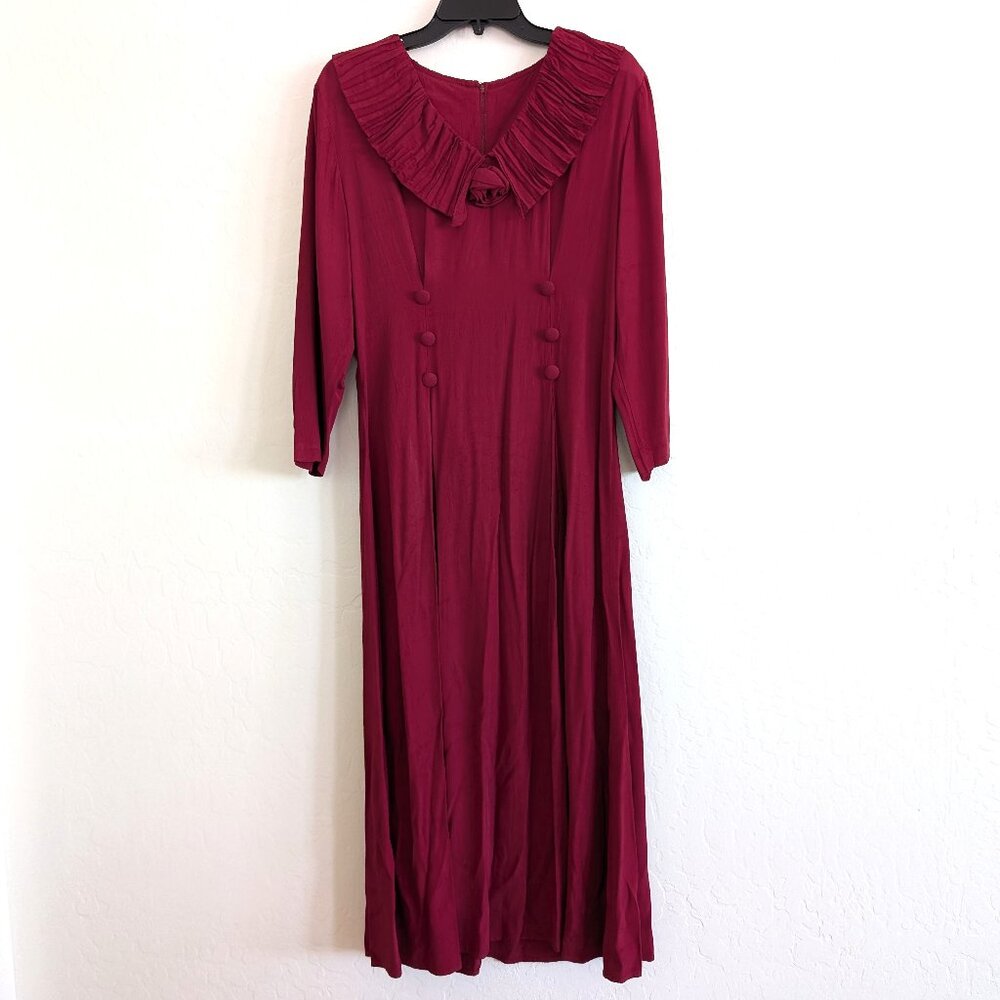 HEARTS Dress 11/12 Red Prairie VTG Maxi Ruffle Collar Button Pleated Cottagecore